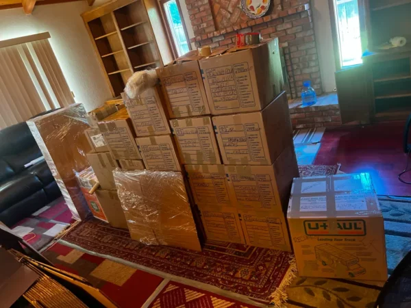 Packed moving boxes in a living room.